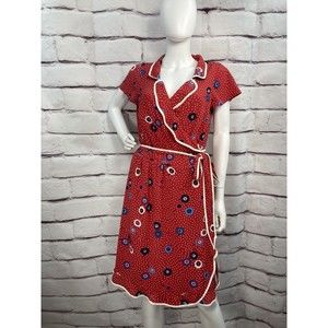 MODCLOTH Red Floral Dotted Daytime Dapper True Wrap Dress SZ 1X White Blue Tie